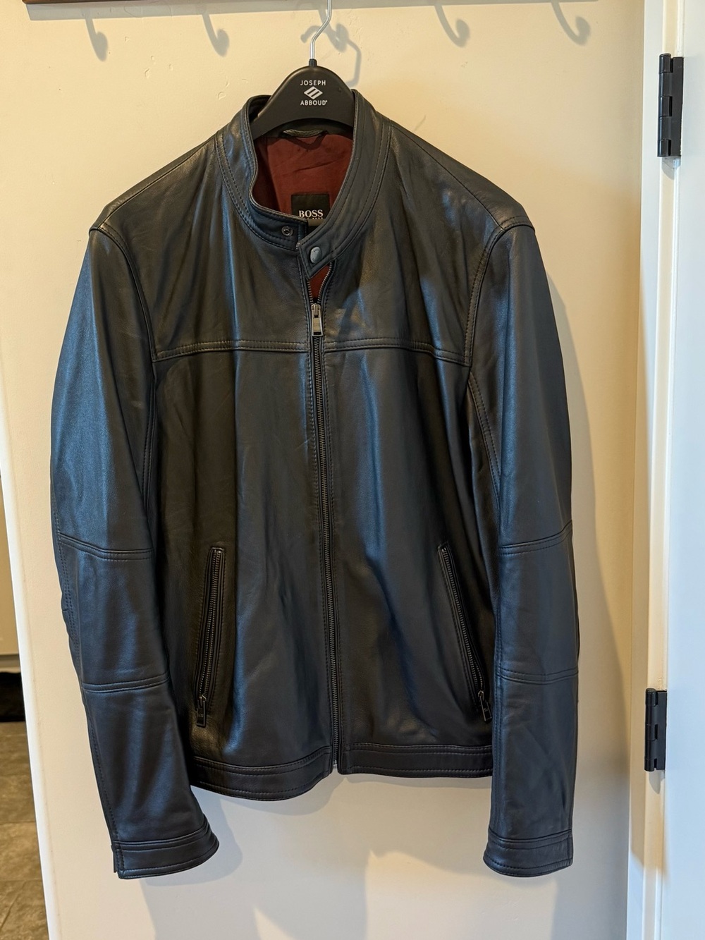 Men’s Hugo Boss Black Leather Bomber Jacket with Red Lining